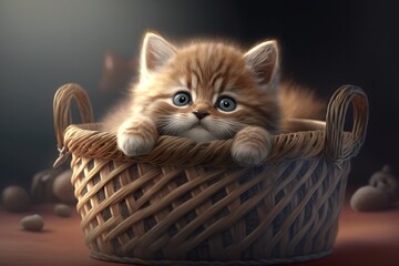 Fototapeta na wymiar Cute Adorable kitten Cat Realistic Portrait in a Basket Domestic Pet Generative AI