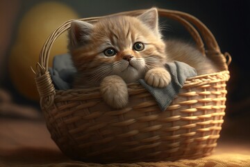 Fototapeta na wymiar Cute Adorable kitten Cat Realistic Portrait in a Basket Domestic Pet Generative AI
