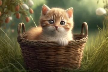 Cute Adorable kitten Cat Realistic Portrait in a Basket Domestic Pet Summer Grass Field Generative AI