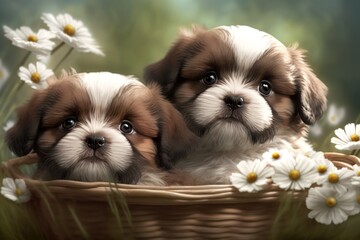 Cute and Cuddly Adorable Puppies Animal Couple Portrait in a Basket, Summer Grass Generative AI