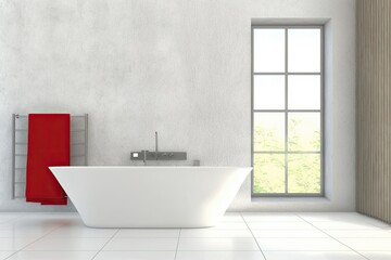 Modern bathtub with window and towels. Generative AI