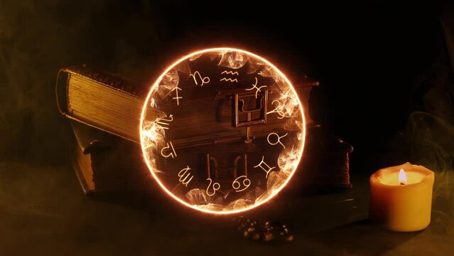 Mystical zodiac signs from the fire. Energy geometric circle on a dark background. Mockup for your logo and text. Round mystical portal. Old book in smoke.
