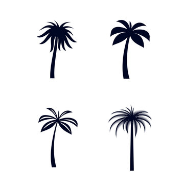 Set of African Rainforest Coconut Trees or Tropical Palm Trees on White Backdrops. Simple Black Silhouette for T-shirt Prints. Tropical Nature Element