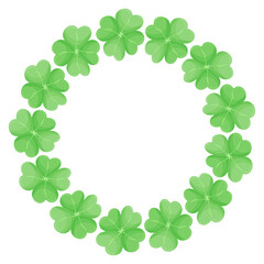 Empty Round vector frame for St. Patrick's Day with green four-leaf clover leaves. Background for the design of a greeting card for the Irish festival. Natural floral spring background. copy space