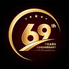 69 year anniversary celebration. Anniversary logo design with golden ring and text concept. Logo Vector Template Illustration