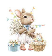 Watercolor vintage composition with Easter little bunny rabbit holding bouquet with willows near basket of eggs isolated on white background. Watercolor hand drawn illustration sketch