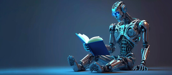 Robotic cyborg pressing. robot is sitting and reading a book. artificial intelligence. Banner. Place for text.  Generative AI - obrazy, fototapety, plakaty