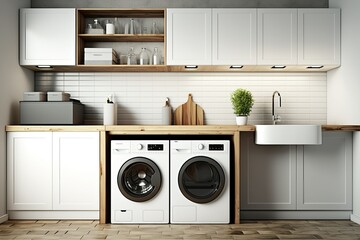 White laundry room with hardwood counters and built-in washer. mockup. Generative AI