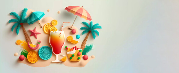  summer time vector banner design. Summer text in seaside top view background with colorful beach elements, generative ai