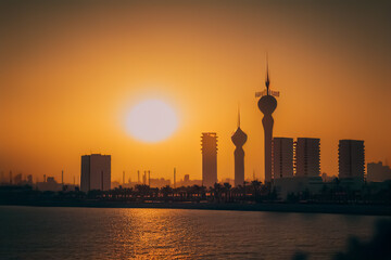 Qatar skyline sunset. Cityscape with skyscrapers buildings. Modern arab urban architecture in Qatar. Ai generative illustration.