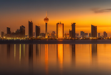 Fototapeta na wymiar Qatar skyline sunset. Cityscape with skyscrapers buildings. Modern arab urban architecture in Qatar. Ai generative illustration.