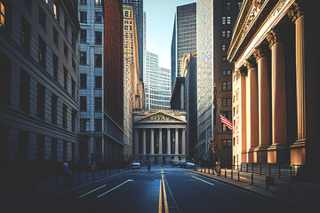 Wall Street in the Financial District of Lower Manhattan in New York City, Ai Generative illustration. - obrazy, fototapety, plakaty