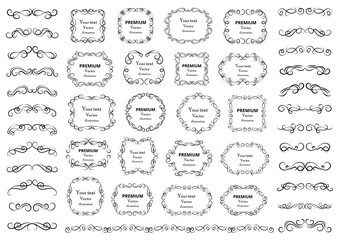 Calligraphic design elements . Decorative swirls or scrolls, vintage frames , flourishes, labels and dividers. Retro vector illustration