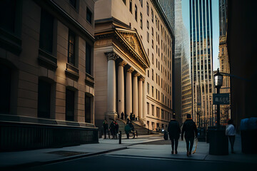 Wall Street in the Financial District of Lower Manhattan in New York City, Ai Generative illustration.