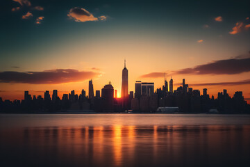 Plakat New York city skyscrapers. New York skyscraper at sunset. NYC Cityscape financial district. United States Manhattan Skyline, Ai Generative illustration.