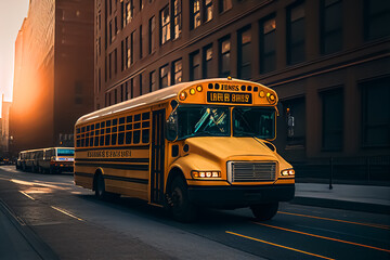 Fototapeta na wymiar School bus in New York on road streen in Manhattan. Student transportation to classroom. Usa school bus in yellow, ai generative illustration.