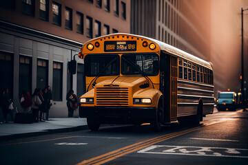 Naklejka na ściany i meble School bus in New York on road streen in Manhattan. Student transportation to classroom. Usa school bus in yellow, ai generative illustration.