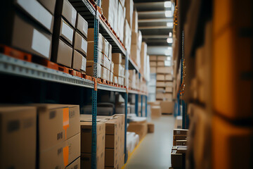 Warehouse Distribution center. Distribution warehouse with merchandise boxes, shelfs, carboard boxes and products, Multi-tier racks with products on pallets in a logistics warehouse. Ai Generative