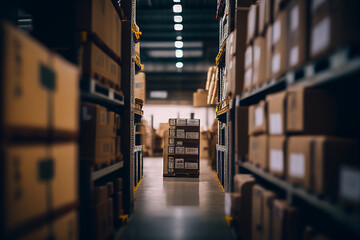 Warehouse Distribution center. Distribution warehouse with merchandise boxes, shelfs, carboard boxes and products, Multi-tier racks with products on pallets in a logistics warehouse. Ai Generative