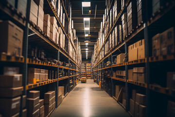 Warehouse Distribution center. Distribution warehouse with merchandise boxes, shelfs, carboard boxes and products, Multi-tier racks with products on pallets in a logistics warehouse. Ai Generative