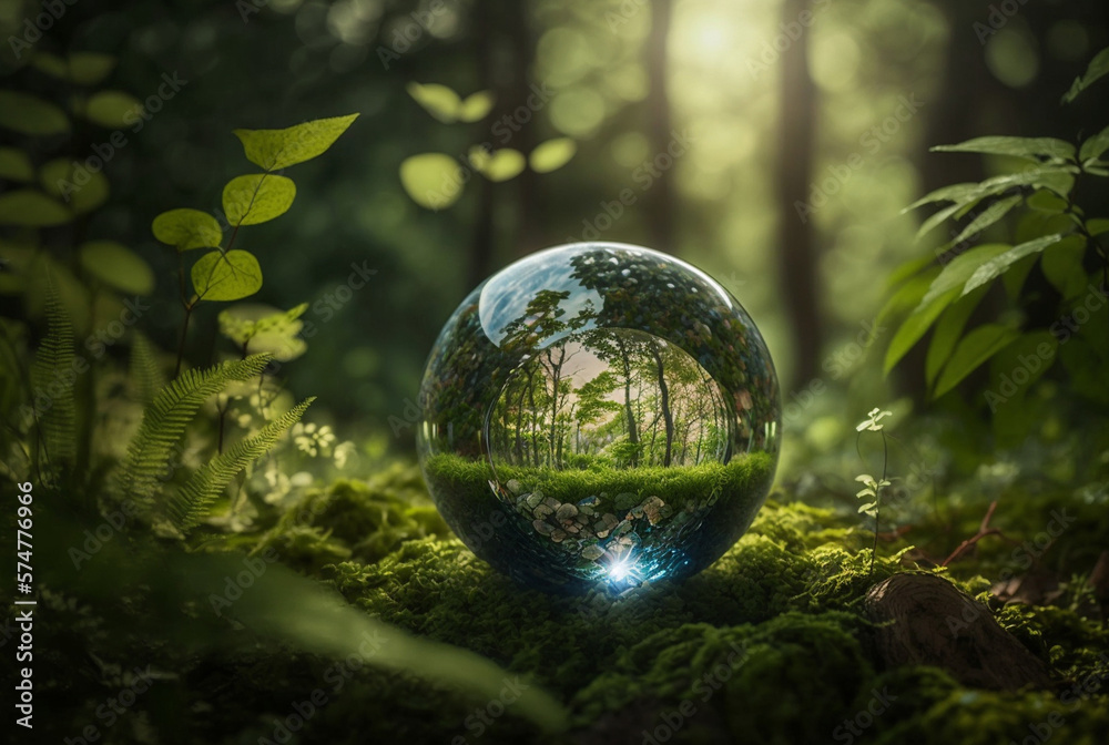 Wall mural environment conservation concept. close up of glass globe in the forest. generative ai