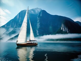 Fototapeta na wymiar Sailboat on a calm, foggy sea.