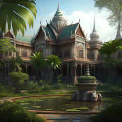 Naklejka premium Grand palace with lush greenery, generative AI