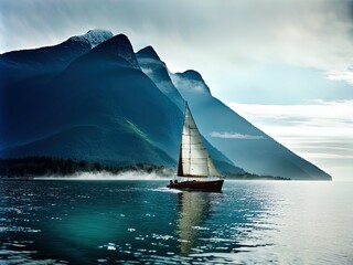 Sailboat on a calm, foggy sea.