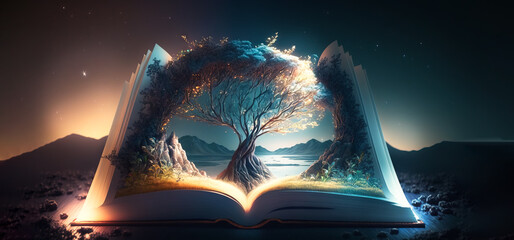Open fairy tail book fantasy image of tree of life rising from the open pages magical and inspiring storybook.  Image created with generative ai. 