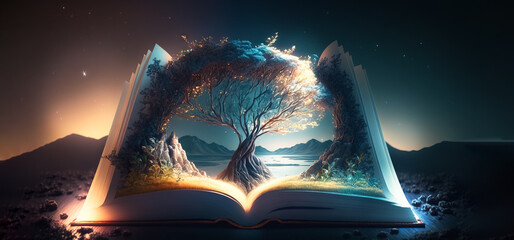 Open fairy tail book fantasy image of tree of life rising from the open pages magical and inspiring storybook.  Image created with generative ai.  © touchedbylight
