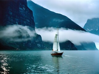 Sailboat on a calm, foggy sea.