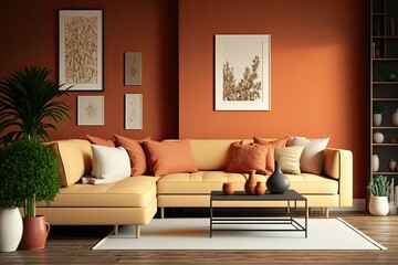 Coral or terracotta living room accent sectional sofa. The walls are dark beige. great art gallery location. Colorful house interior mockup. Generative AI - obrazy, fototapety, plakaty