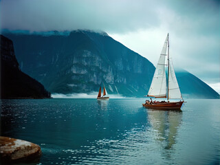 Fototapeta na wymiar Sailboat on a calm, foggy sea.