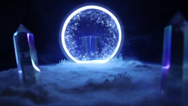 Round mystical portal. Earth in cracks on dark background. Futuristic smoke. Mockup for your logo and text.