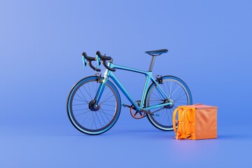 food delivery to the address. a bicycle and a courier bag for food on a blue background. 3D render