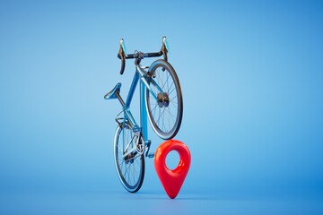 address delivery. bike and gps point on a blue background. 3D render