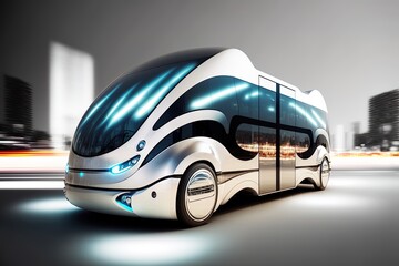 beautiful futuristic minibus with a city in the background, generative AI