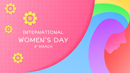 8 march women's day design template with head womens illustration and flowers. yellow, green, blue, purple, pink and white. used for greeting card, background or banner