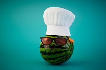 a large watermelon in sunglasses and a chef's hat on a turquoise background. 3D render