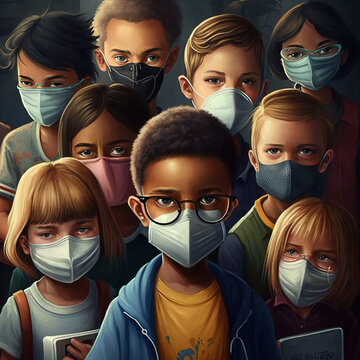 Young Diverse Group Of Children Wearing Surgical Masks In Classroom During Covid Pandemic