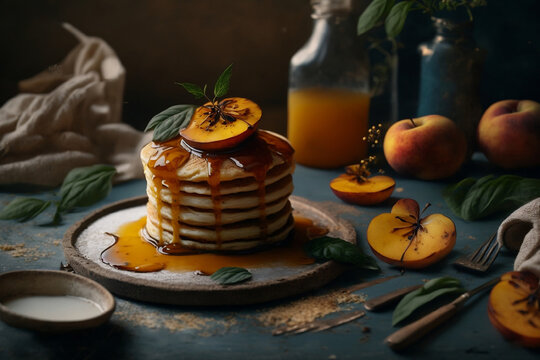 Fluffy and Golden Pancakes with Peach and Maple Syrup - AI Generative