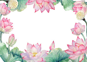 Obraz premium Watercolor frame with hand-painted elements of lotus flowers, leaves, and lotus seed ovaries on a transparent background.