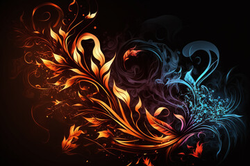 aglow against an abstract black background; the burning flame brings darkness to life. Generative AI