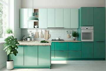 Fototapeta na wymiar Modern kitchen design with green cabinets and wooden counter. vertical kitchen counter. Generative AI