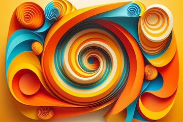 Wandcirkels aluminium Vibrant fractal art with a yellow spiral center and multi-colored flower adorning the geometric circle against an abstract background.. Generative AI © wetzkaz