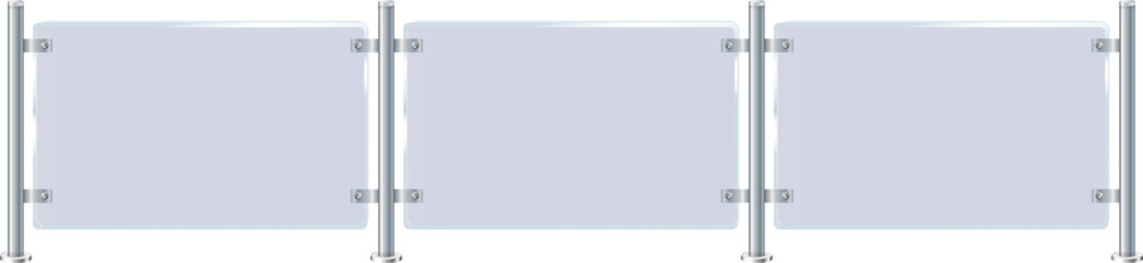 Glass or plexiglass fence with banisters. Architectural guardrail for balcony or office terrace.