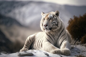 Siberian Tiger sitting on a snowy hill, generative AI