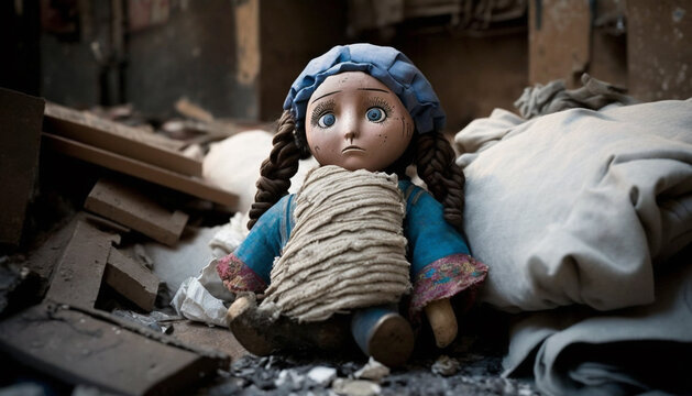 A forgotten doll lies amidst rubble, its forlorn gaze hinting at lost innocence and the silent stories of a fractured past.