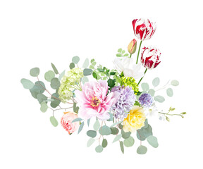 Pink peony, orchid, magnolia, red tulip, yellow rose, hellebores, green hydrangea, hyacinth, eucalyptus vector design