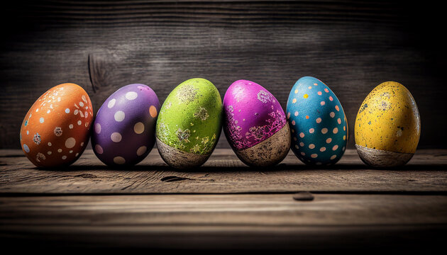 Bunte Ostereier zu Ostern auf Holzbrett, Generative AI